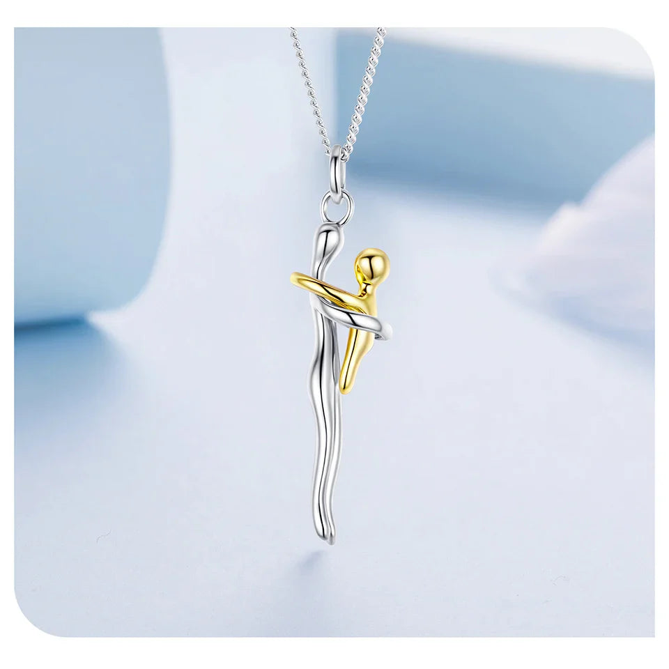 WOSTU Real 925 Sterling Silver Hug Embrace Pendant Necklace Silver Gold Two-tone Mom & Child Pendant Family Gift  Mom Jewelry