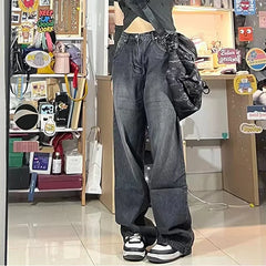 Women Vintage Streetwear Black Baggy Korean Jeans High Waiste