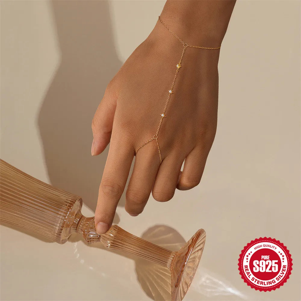 ROXI 925 Sterling Silver Heart/Star Zircon Bracelet With Finger Design For Women Hand Chain Accessories Party Jewelry Gift