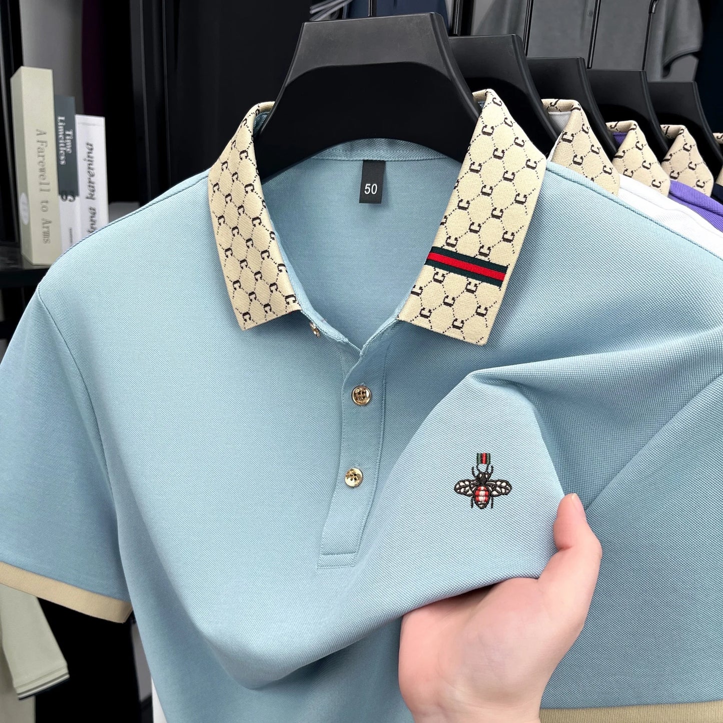 Personality letter jacquard lapel short sleeve T-shirt men high-end brand Little Bee embroidery fashion trend summer polo shirt