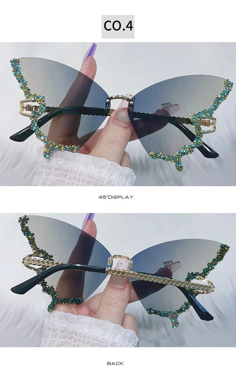 Luxury Party Sunglasses Women Butterfly Diamond Rhinestones Personality Flash Shades Tint Color Travel Blogger Glasses