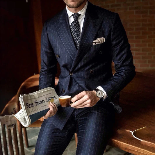 Chic Pinstripe Navy Blue Men Suits 2 Piece Set High Quality Formal Double Breasted Peak Lapel Suit