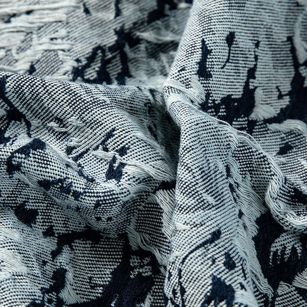Men Ripped Distressed Denim Jacket Flower Jacquard Weave Embroidery Coat