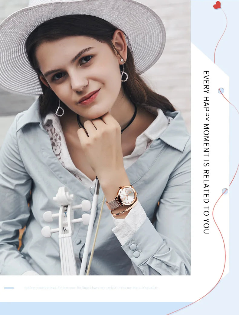 OLEVS 5189 Women's Watch Quartz Wristwatch Casual Fashion Watch for Ladies Waterproof Luminous Mesh Belt Love Dial Zircon Scale