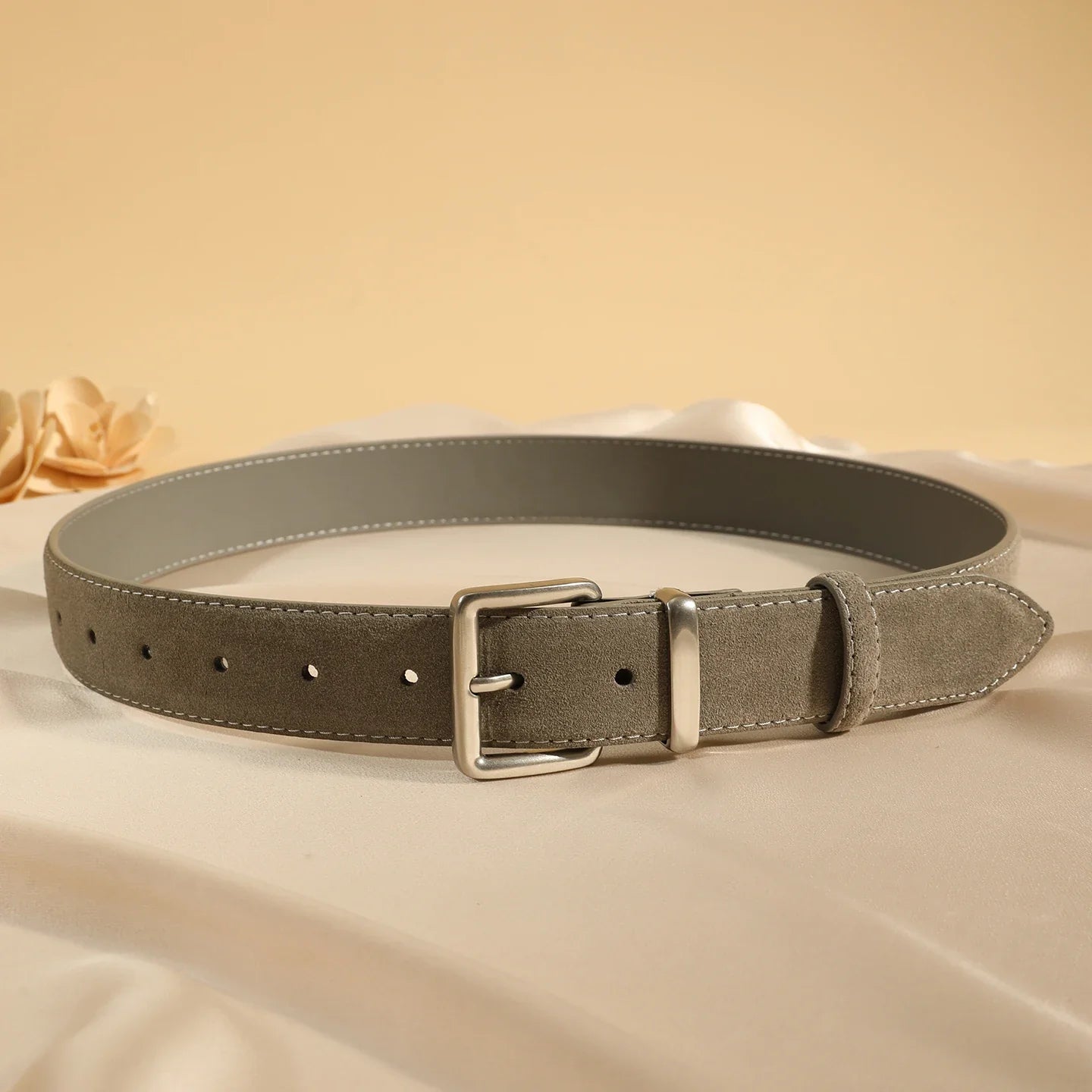 Luxury Suede Cowhide Leather Belt for Women, Vintage Style with Gold Buckle, 3.3cm Wide Waistband for Dresses & Jeans