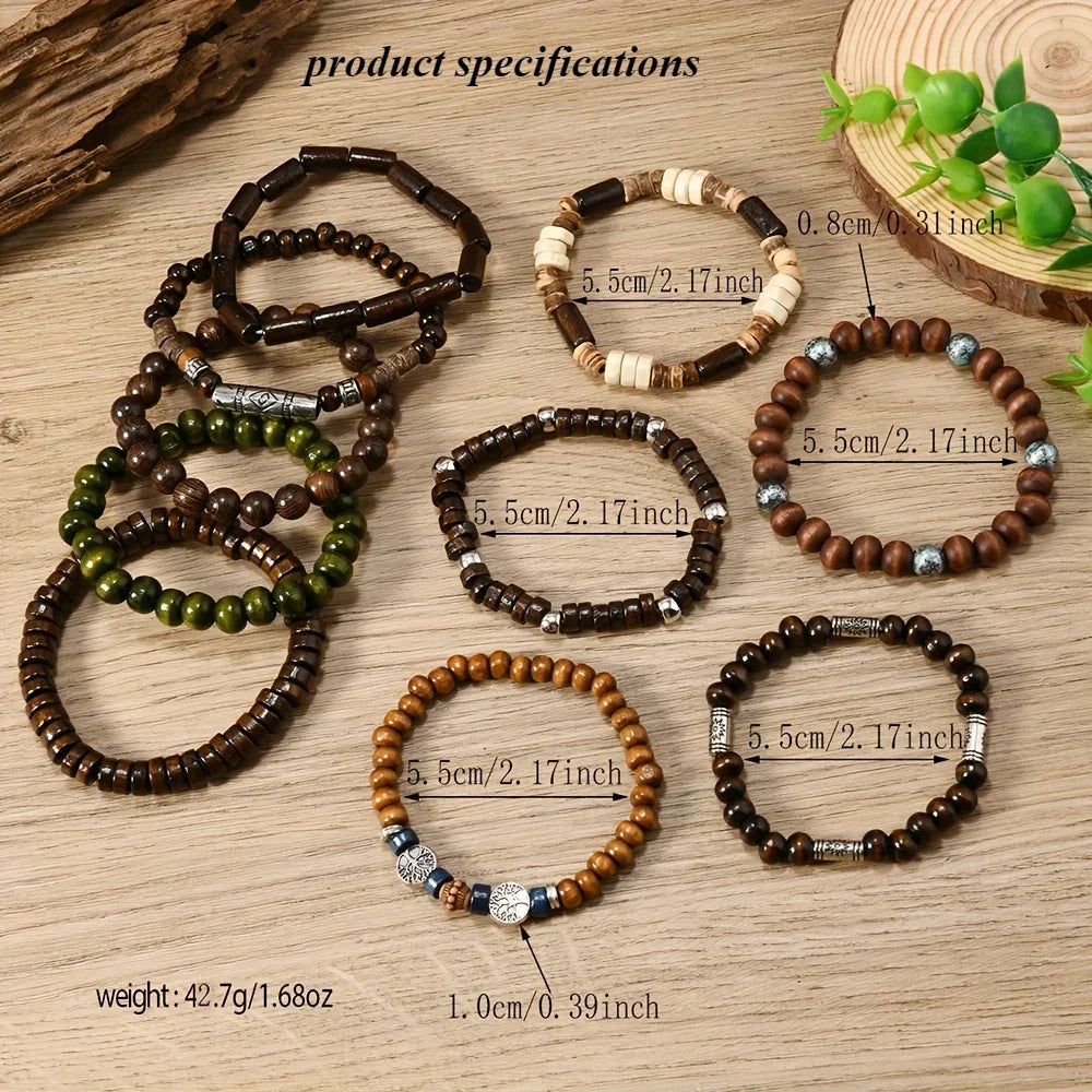 10PCS Bohemia Ethnic Beaded Bracelets For Men Vintage Multi Layer Wooden Beads Life Tree Beaded Bracelets Accessory Gifts Party