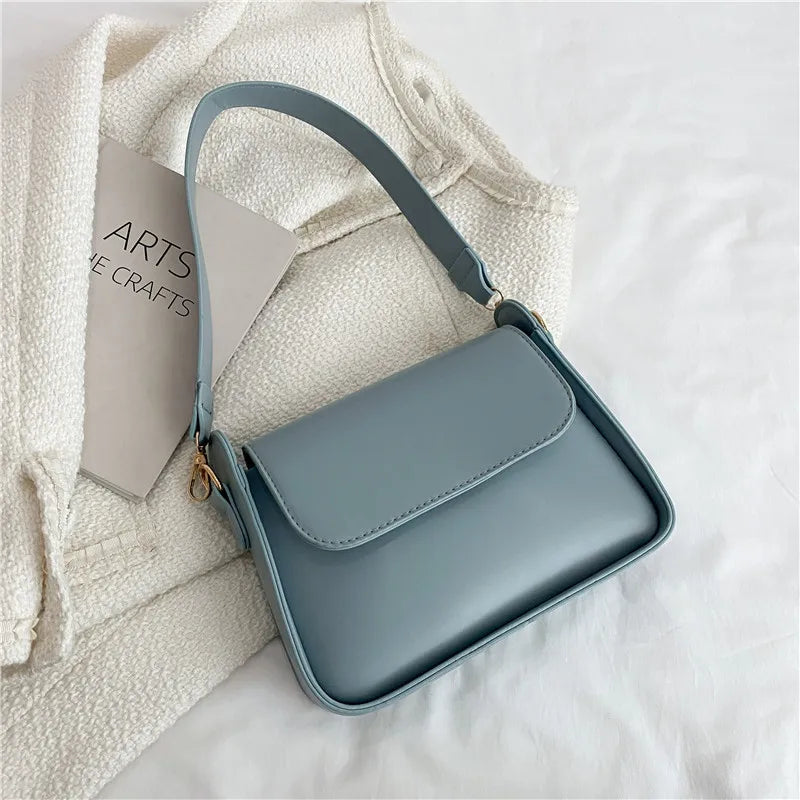 Chic Simple Small Flap Shoulder Bags For Women Solid Color Pu Leather Handbag