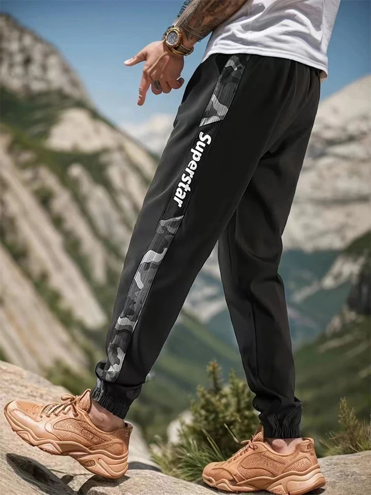 Men's Letter Print Drawstring Sweatpants Camouflage Texture Fabric Breathable Loose Fit
