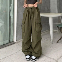 Women Cargo Pants Hip Hop Baggy Solid Color Multi Pockets Elastic Waist Match Top