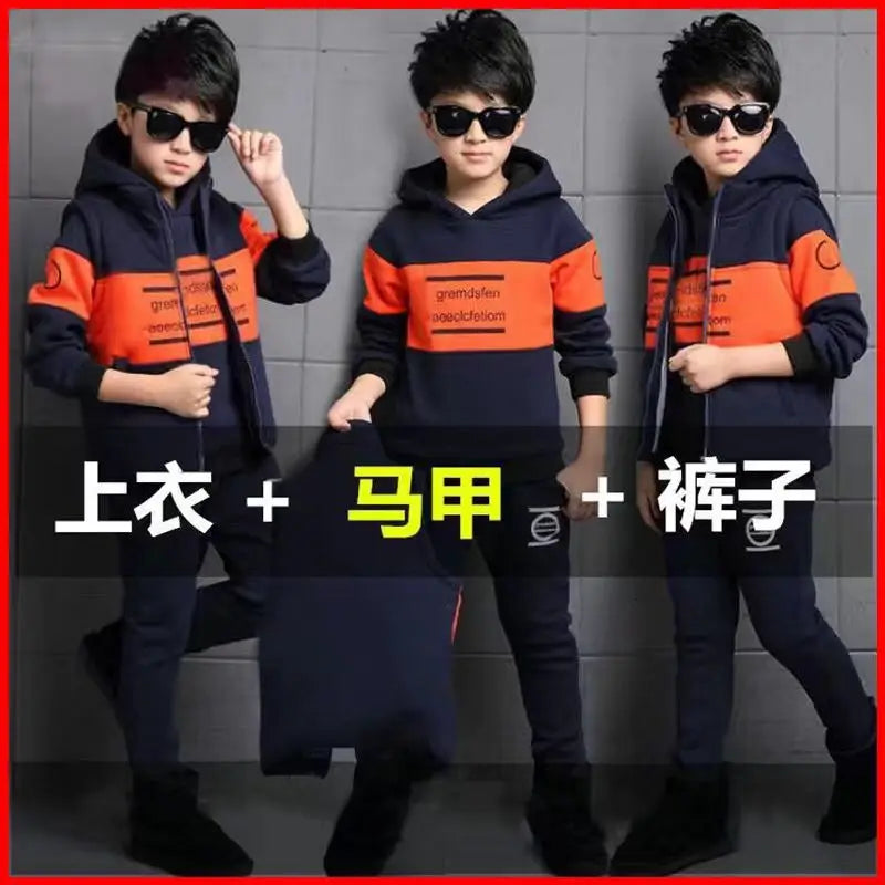 3pcs/set 2025 winter Boys tracksuit Autumn Teenager Clothes splicing velvet jacket + hooded + Pant Children 4 8 9 10 11 12 year