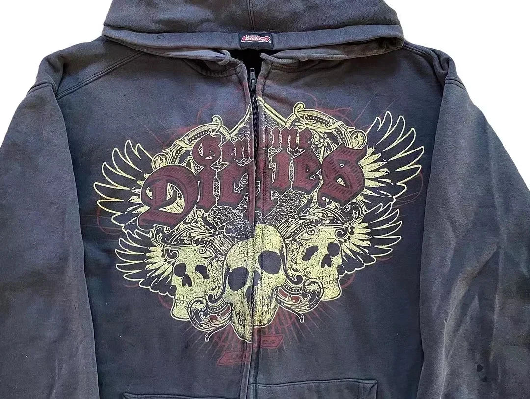 Y2K Vintage Casual New Winter  Zipper Hoodies Men's Gothic Pattern Sweatshirt Hoodie