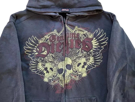 Y2K Vintage Casual New Winter  Zipper Hoodies Men's Gothic Pattern Sweatshirt Hoodie