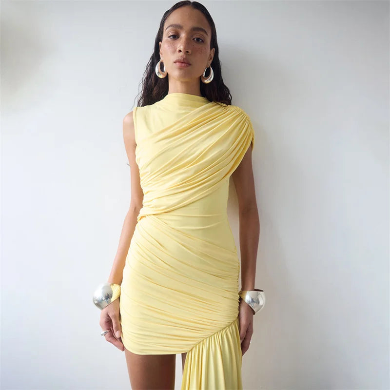 Balitops Summer Draped Ruched Sexy Mini Dress Women 2025 New Irregular High Waist Slim Fit Dress Female Elegant Club Tank Dress