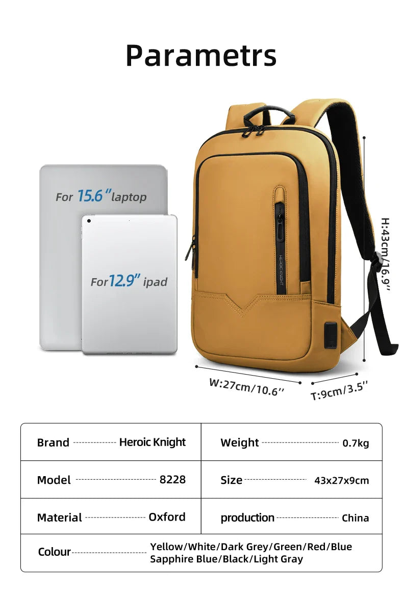 Heroic Knight Thin Male Work Backpack Multifunctional Fashion 15.6 In Laptop Backpack Casual Waterproof Business Travel Daypack