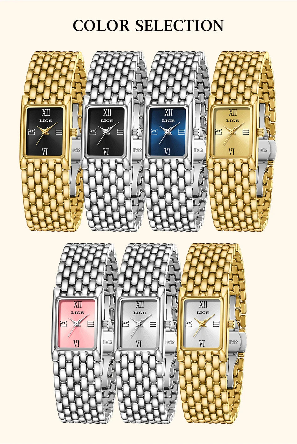 LIGE 2025 Fashion New Gold Women's Watch Luxury Quartz Watch Stainless Steel Bracelet Retro 30M Waterproof Watches Women reloj