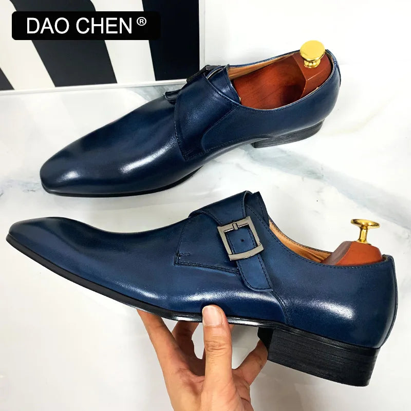 DAOCHEN MEN'S GENUINE LEATHER SHOES BLUE BLACK BUCKLE STRAP LOAFERS SLIP ON FORMAL WEDDING OFFICE casual dress shoes man