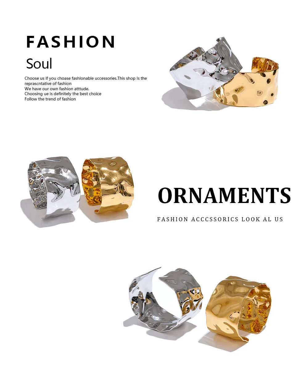 Yhpup Wide Large Stainless Steel Metal Cuff Open Bracelet Bangle 18K Gold PVD Plated Statement Waterproof Wrist Jewelry Bijoux