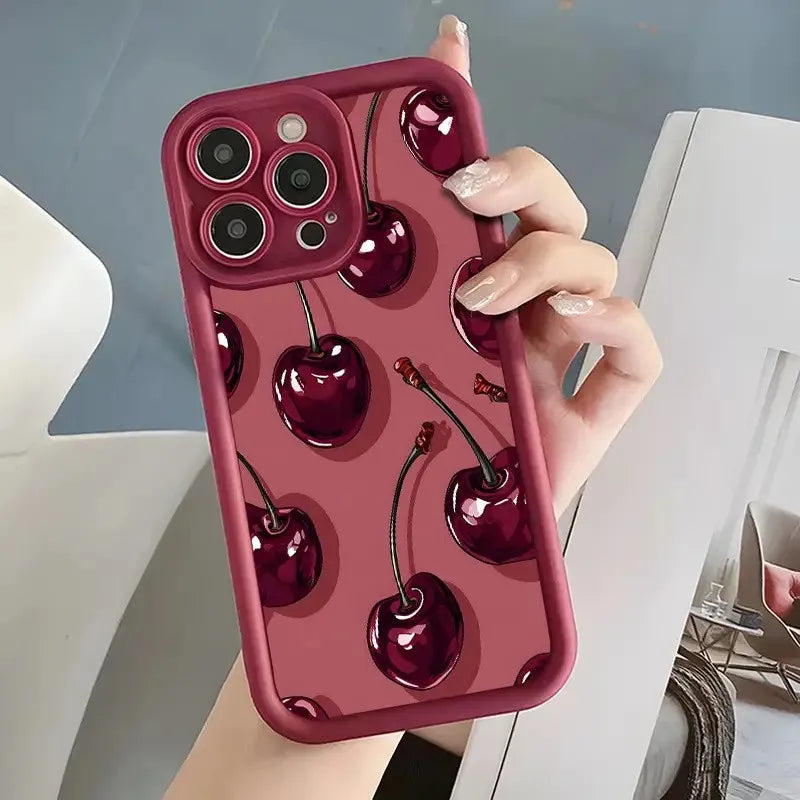 Luxury Wine Red Cherry Print Phone Case for iPhone 17 16e 16 15 14 13 12 11 Air Pro Max Mini XR XS X 7 8 6 6s Plus Back Cover
