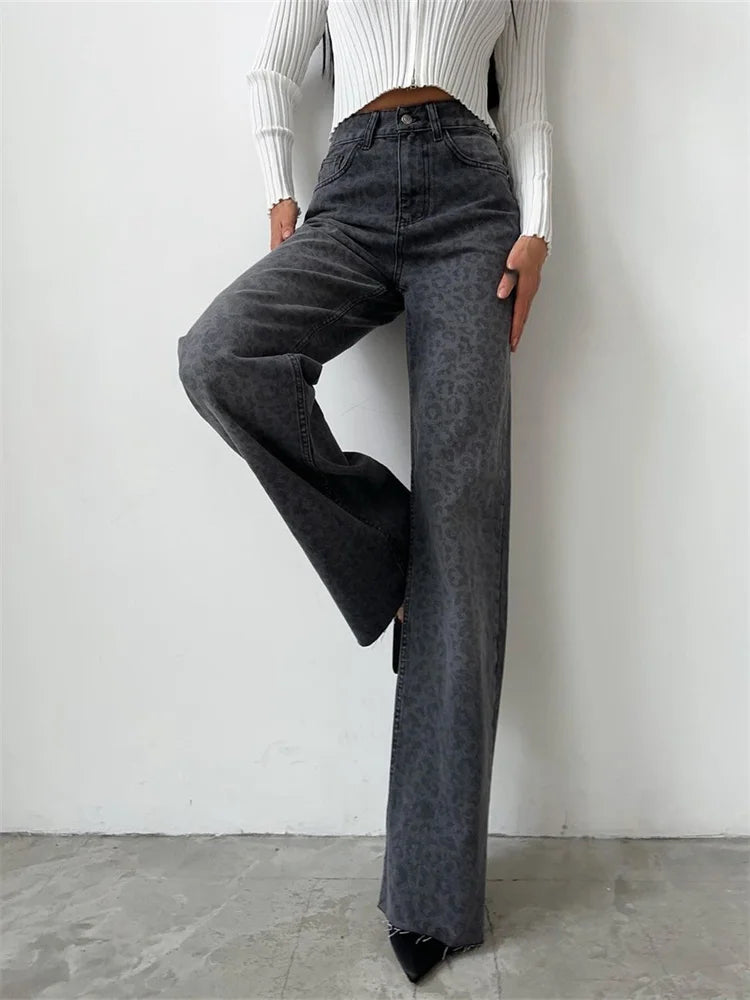 Retro Leopard Print Jeans for Women Elegant Ladies Gray Denim Pants Wide Leg Hip Hop