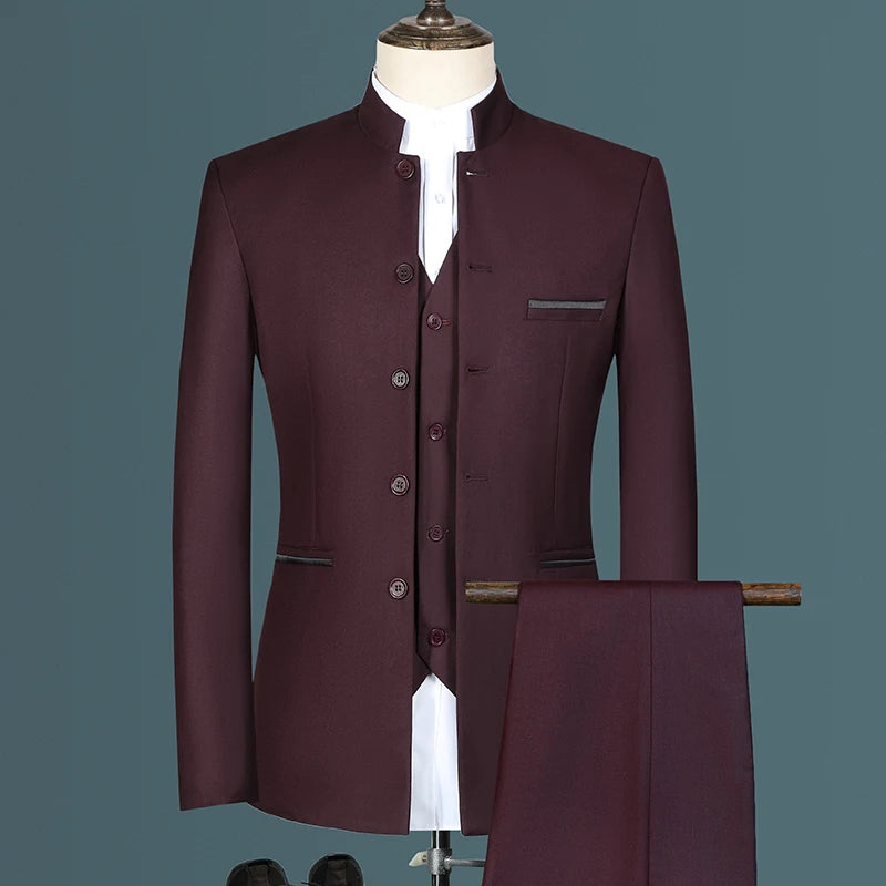 Tuxedo for Mens: Men's Casual Boutique White Stand Up Collar Chinese Style 3 Pcs Suit