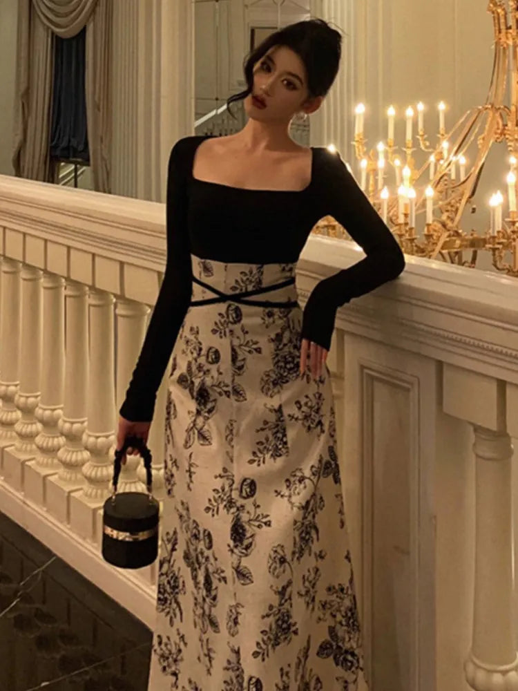 Evening Dresses: Women's Floral Patchwork Midi Dress Square Collar Long Sleeve
