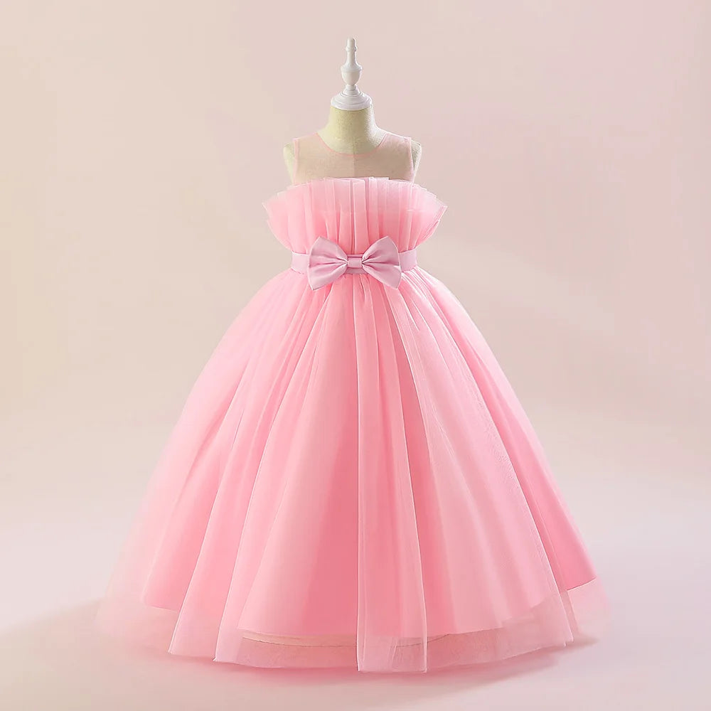 Summer Tulle Bridesmaids Pink Party Dresses for Girls Elegant Bow Princess Wedding Girls Dress First Communion Wedding Prom Gown
