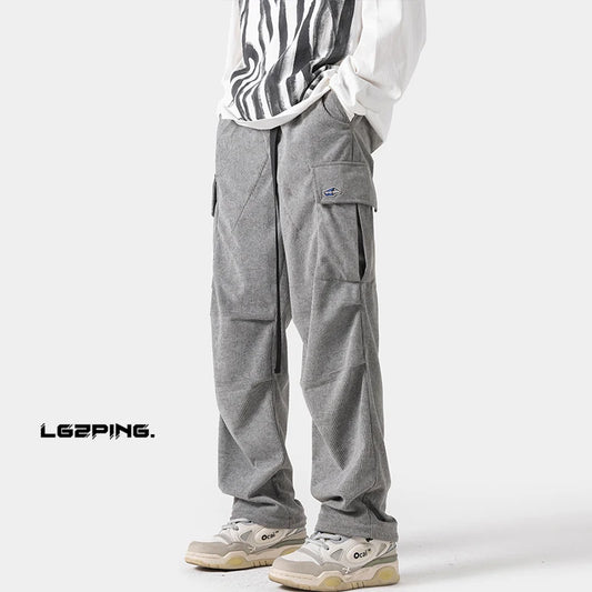 Men's Corduroy Pants Straight Leg Streetwear Side Pockets Sweatpant Vintage