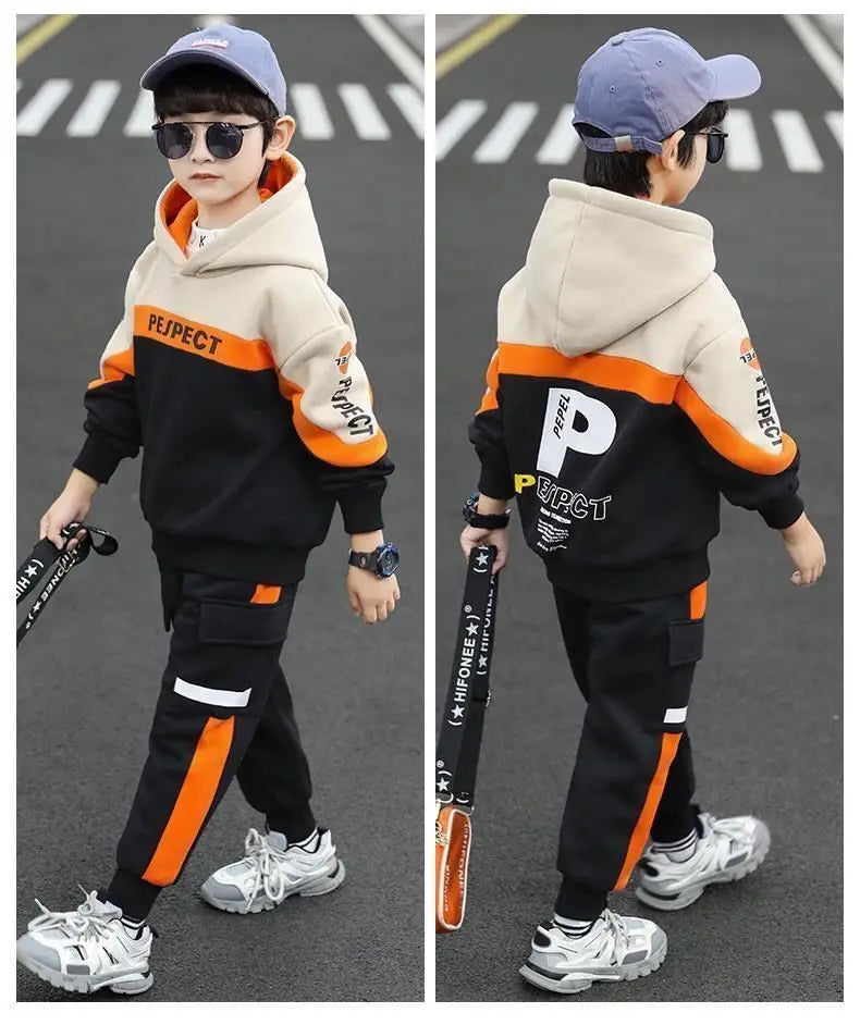 Boys Clothes Set Kids Letter Print Hoodies+Pants 2pcs Tracksuit Teenagers Thick Costume 4 To 14Yrs Big Children's Clothing Suits