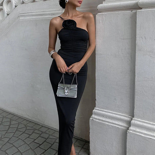 Evening Dresses: Sleeveless Slim Black Dress Aesthetic Oblique Strap Backless Prom Dresses