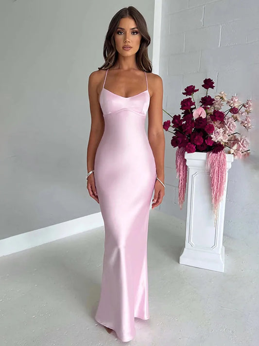 Formal attire Dresses: Strap Bodycon Satin Dress With Open Back Lace Up Female
