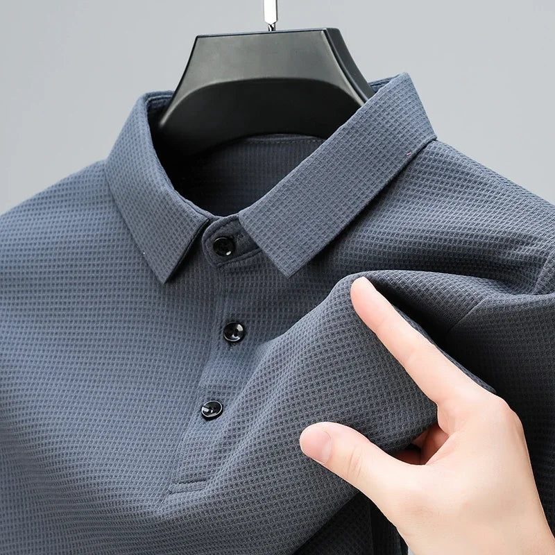 New Men's Business Fashion Casual Long Sleeved Shirt Solid Color Polo Shirt Fashionable Breathable Comfortable Versatile Top