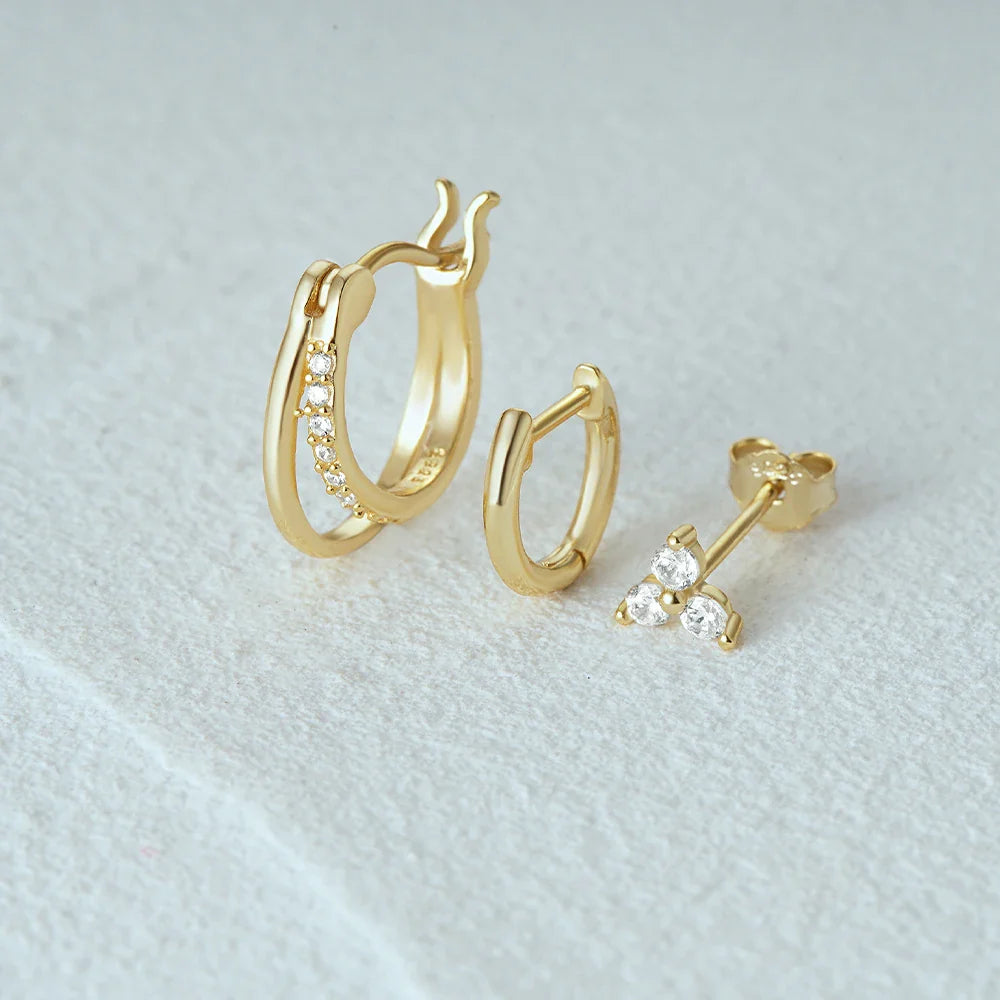 Aide 3pcs Set 925 Sterling Silver Double Gold Hoop Mini Zircon Stud Earrings For Women Hypoallergic Elegant INS Piercing Jewelry