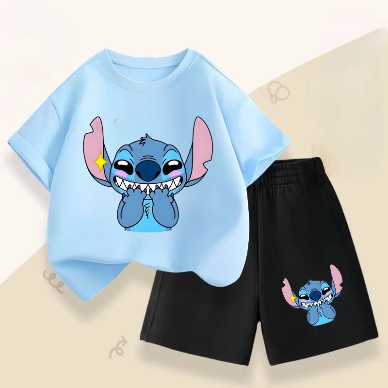 Summer Children's Casual Outfits Stitch Printed Boys Short Sleeved Top Sets Kids T Shirt Shorts Two Piece Suit Disney 2025