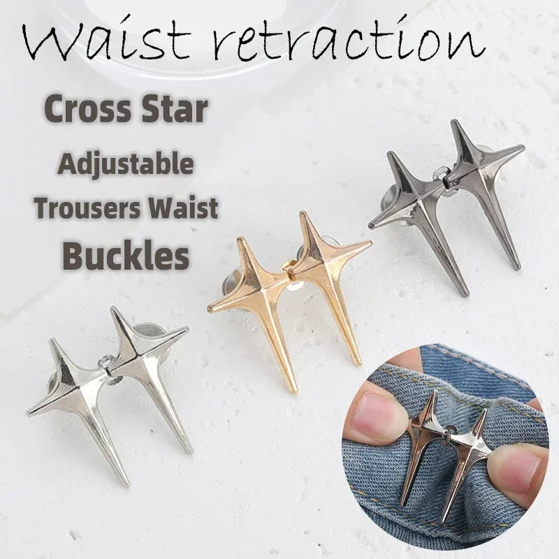 1Pair Cross Star Waist Buckle Adjustable Detachable Pants Clips Waist Tightener Nail-free Metal Button Snaps for Jeans Decor