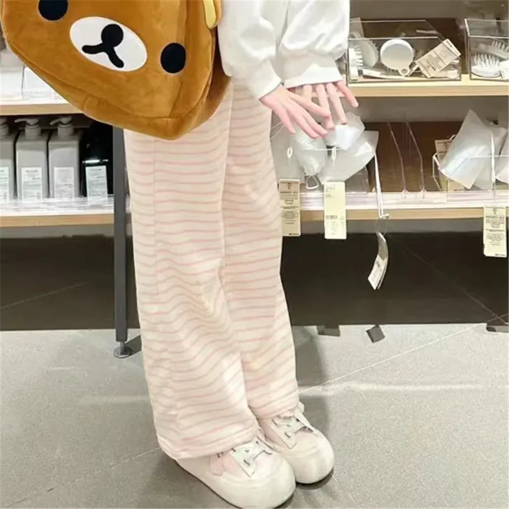 Cute Y2K Striped Pants Women Kawaii Sweet Harajuku Fleece Sports Korean Fashion