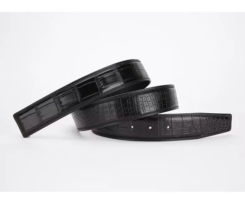 3.8 wide punched men's cowhide leather belt, high-end fashion trend crocodile pattern genuine leather belt without buckle durabl