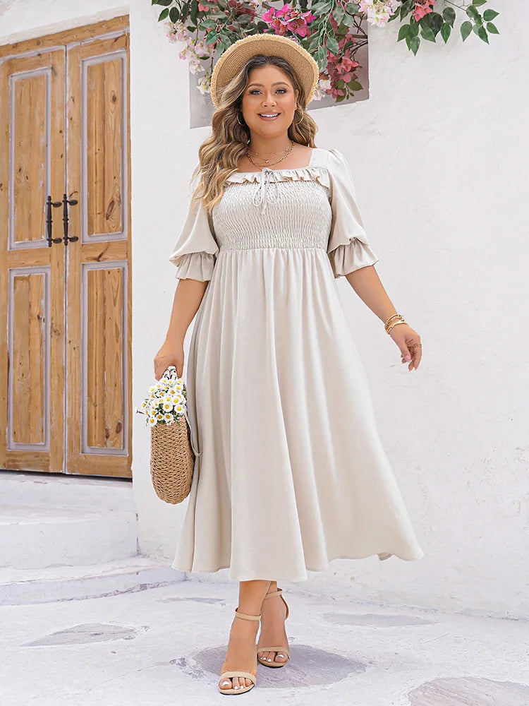 GIBSIE Plus Size Ruffle Trim Square Neck Puff Sleeve Dress Women Summer Casual Shirred A-Line Vacation Long Dresses 2024 New