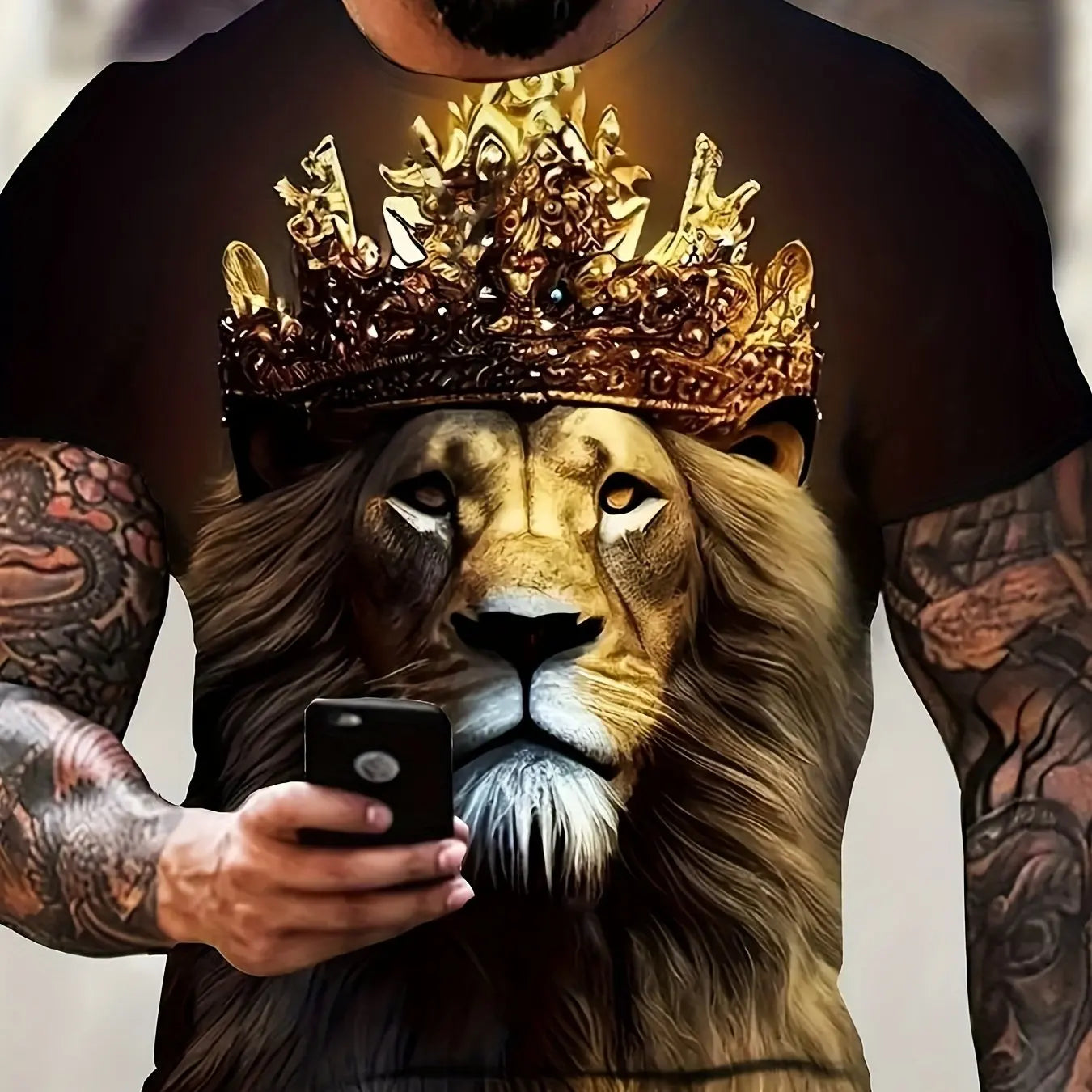 Lion and Crown Cool 3D Graphic Printing Men's Novelty Short Sleeve Round Neck T-shirt, Summer Outdoor