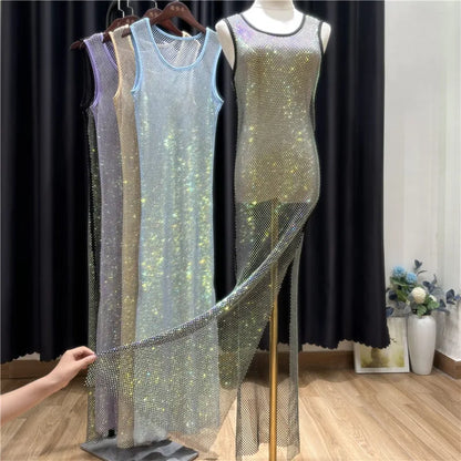 Women Rhinestones Long Split Dress Crystal Sleeveless Lady Elegant Party Birthday Slim Round Neck Bodycon Ball Gown 130-140 long