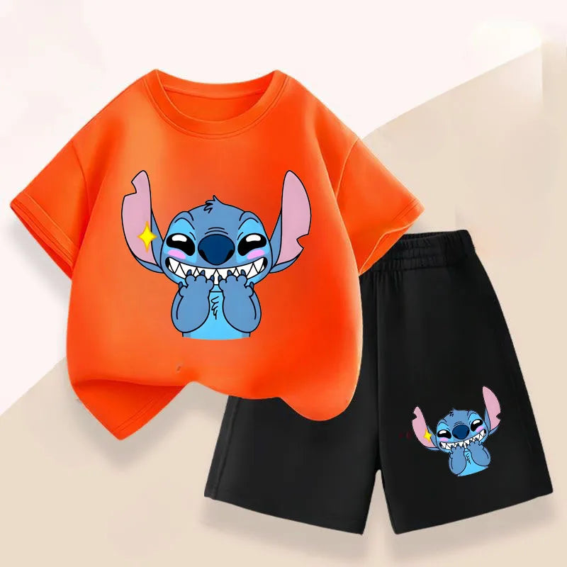 Summer Children's Casual Outfits Stitch Printed Boys Short Sleeved Top Sets Kids T Shirt Shorts Two Piece Suit Disney 2025
