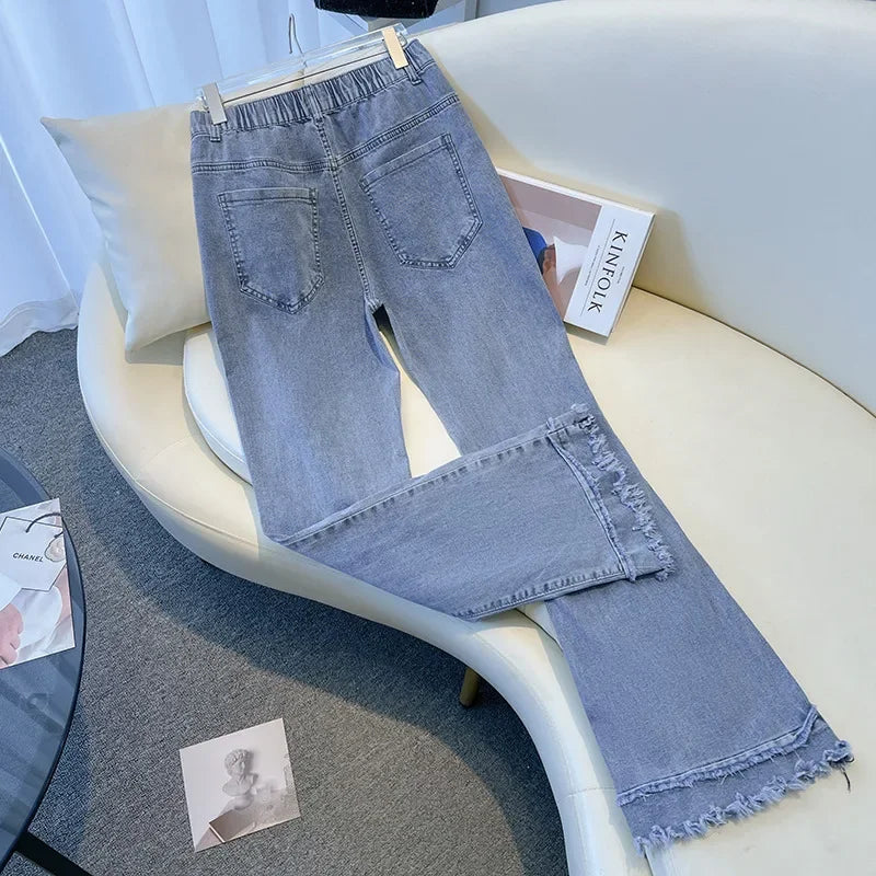 Plus Size Flared Y2K Jeans For Women Large Slim Elastic Cotton Blue Tassel Denim