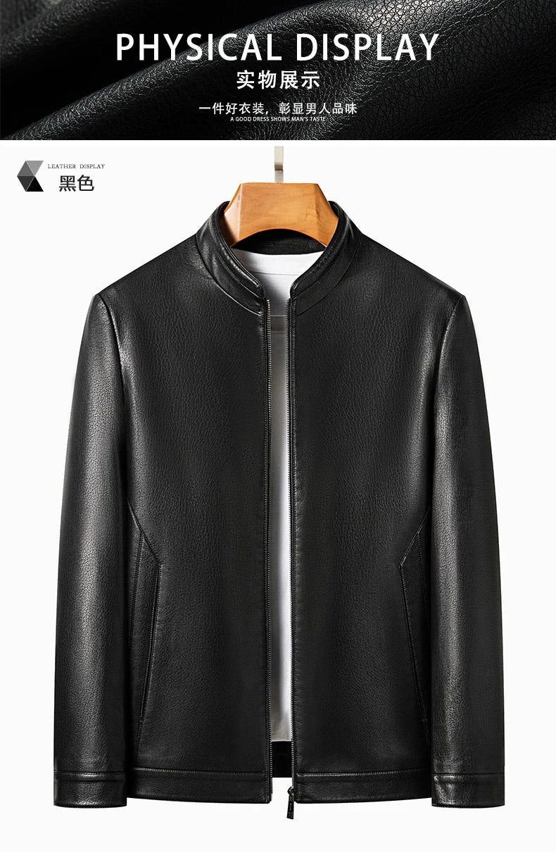 Spring and Autumn Men's Genuine Leather Polo Mock Neck Jacket Fashion