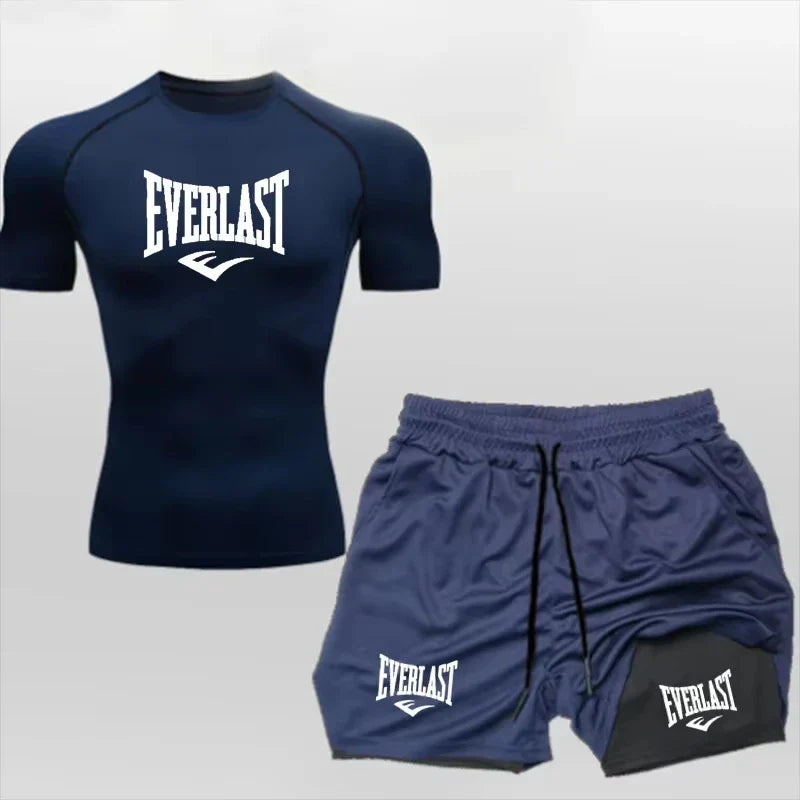 EVERLAST Men's Compress Shirt + 2-in-1 sports shorts 2pcs Set Leisure Breath Short Sleeve Sport Jogging Gym Brand Print Clothing