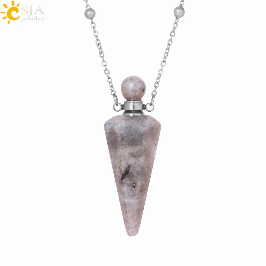 Natural Stone Cone Perfume Bottle necklace Healing Clear Quartz Crystal Pendant Reiki Essentials Oil Diffuser Vial Necklace H119