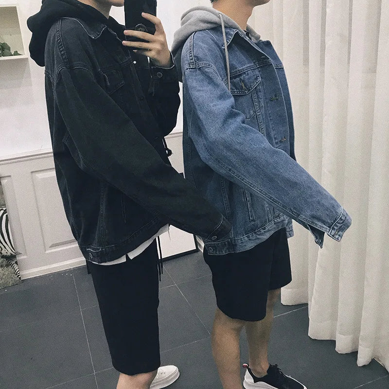 Denim Jacket Mens Hooded Slim Fit Casual Streetwear Jean Jackets Long Sleeve Jacket