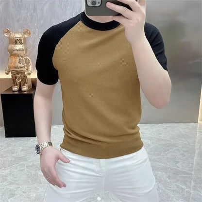 Summer Korean Short-sleeved Casual T-shirt Men New Fashion Contrasting Color Slim Rotator Sleeves Breathable Round Neck Knitted