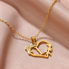 Gold Color Dainty Flower Initials Necklace Women Girl Stainless Steel Heart Letter