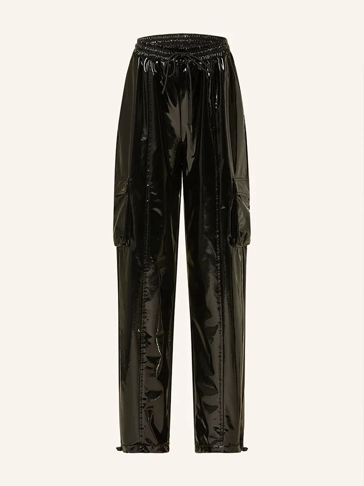 Casual High Waist Faux Latex Cargo Pants Women Shiny Patent Leather Drawstring