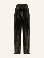 Casual High Waist Faux Latex Cargo Pants Women Shiny Patent Leather Drawstring