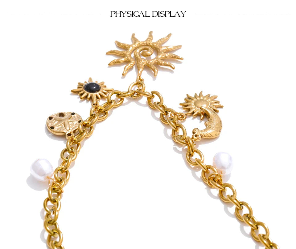 Yhpup Trendy Starfish Moon Sun Shaped Pendant Charm Necklace Statement Stainless Steel Golden Chain Fashion Jewelry PVD Plated